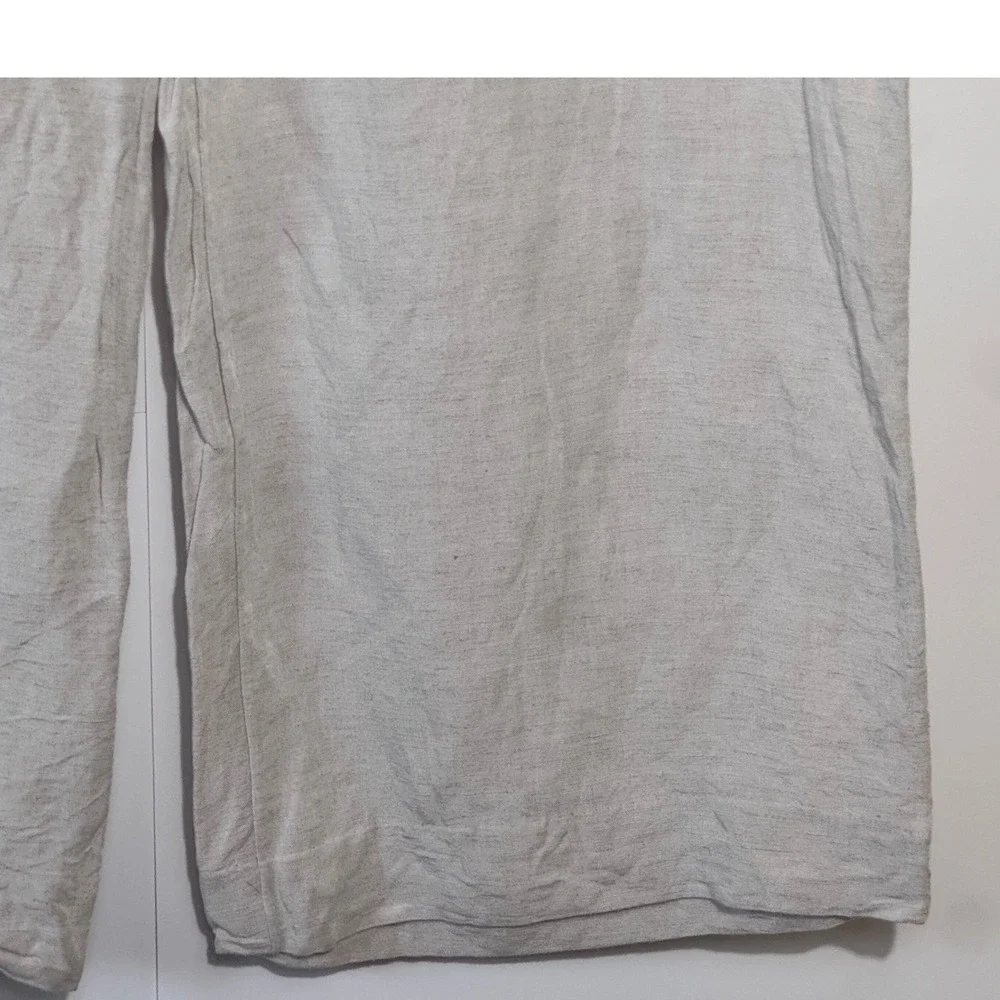 HM Linen Blend Pants Women L‎ Beige Wide Leg Drawstring Lagenlook Natural Fiber
